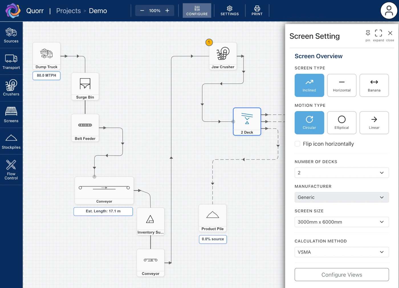 Flow Designer browser-based quarry plant design interface showing a connected crushing plant flow